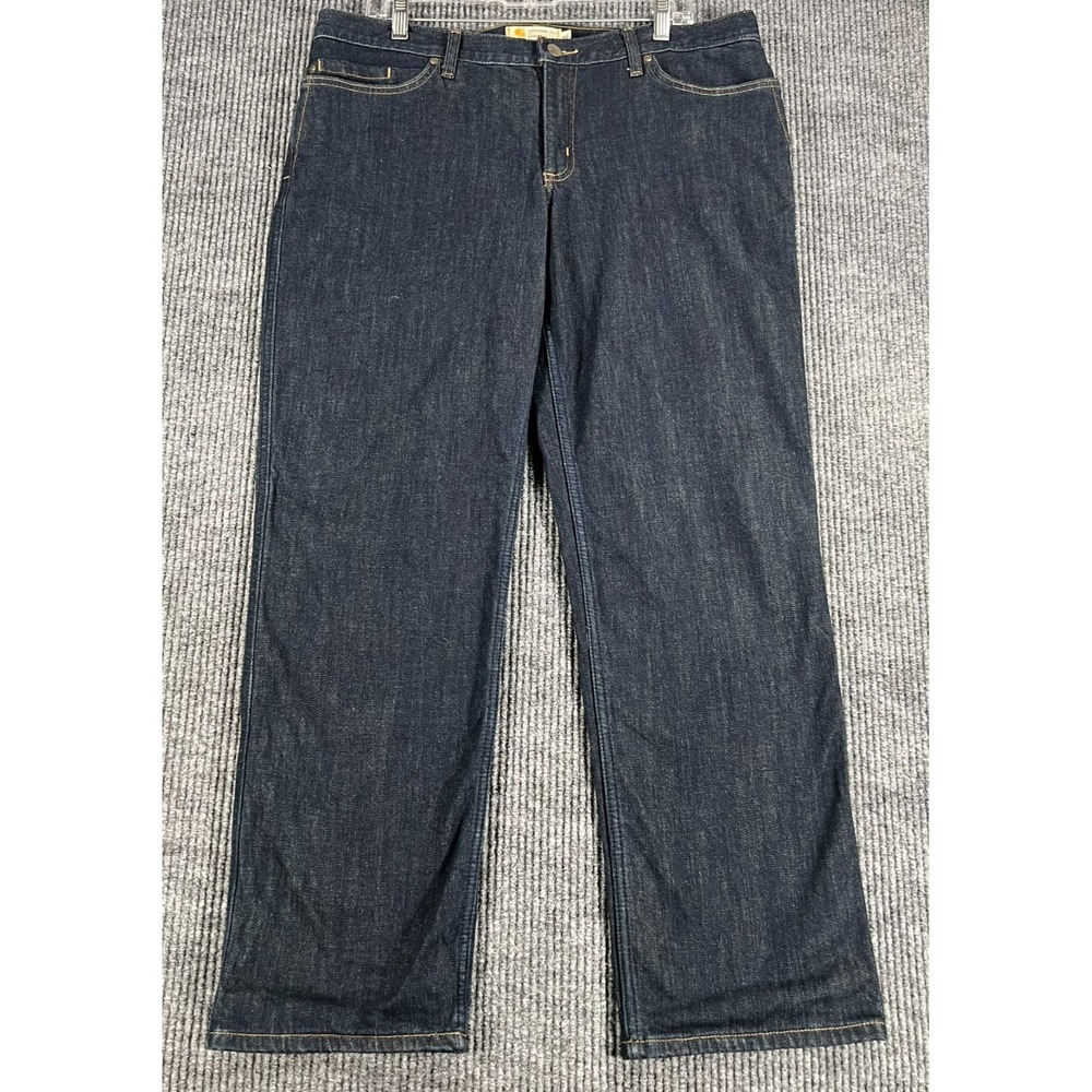 Carhartt Lined Jeans Womens Size 16 Short Dark Blue Denim Straight Leg Work